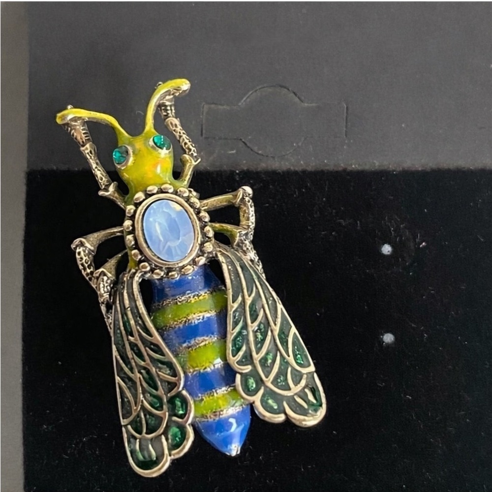 Brass Enamel Blue Green Wasp Hornet Brooch Pin​